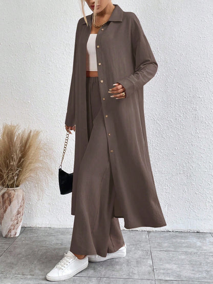 SHEIN LUNE Solid Color Drop Shoulder Long Shirt And Wide Leg Pants Two-Piece Set