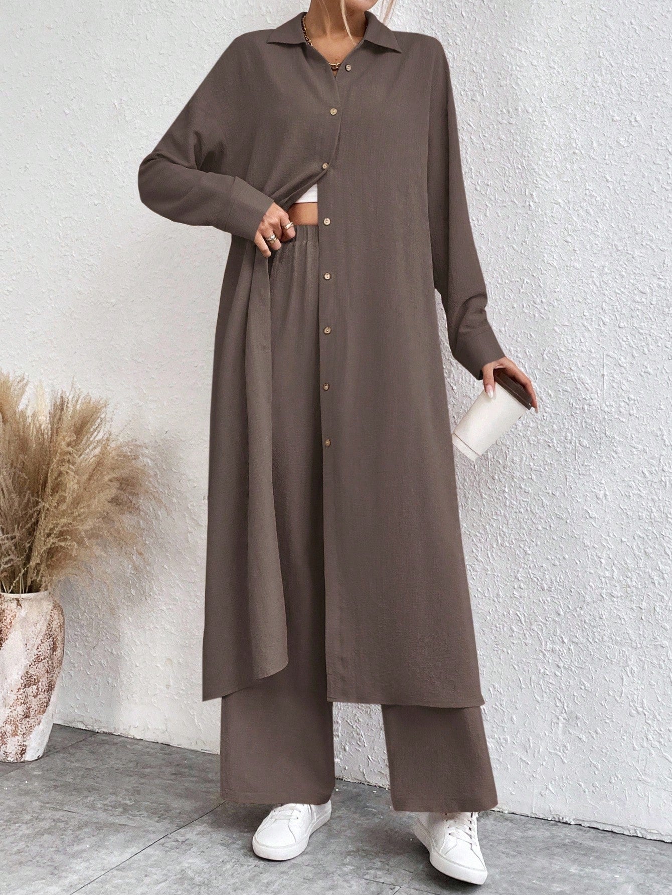 SHEIN LUNE Solid Color Drop Shoulder Long Shirt And Wide Leg Pants Two-Piece Set