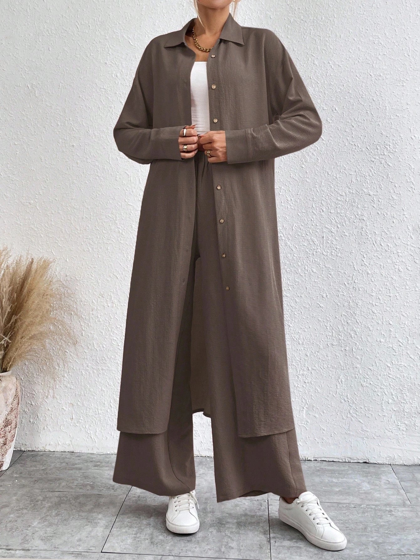 SHEIN LUNE Solid Color Drop Shoulder Long Shirt And Wide Leg Pants Two-Piece Set