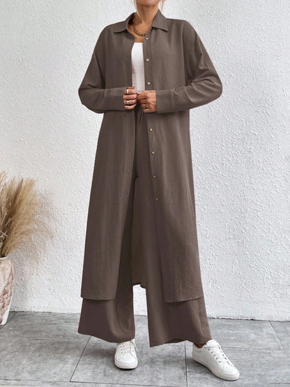 SHEIN LUNE Solid Color Drop Shoulder Long Shirt And Wide Leg Pants Two-Piece Set