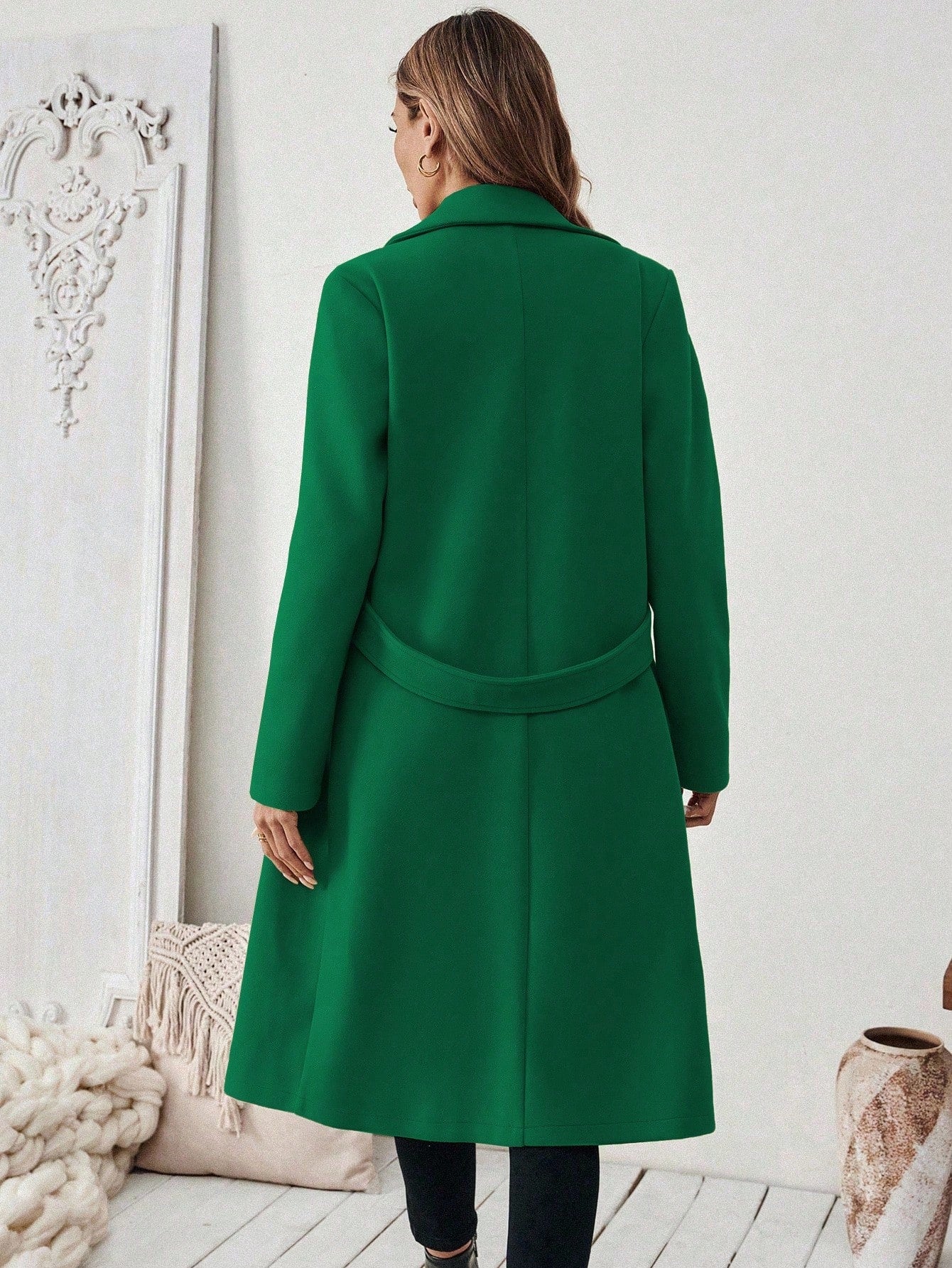 EMERY ROSE Women's Casual Commute Daily Simple Solid Color Lapel Collar Slant Pocket Double-Breasted Long Overcoat, Autumn/Winter Winter Coat Women