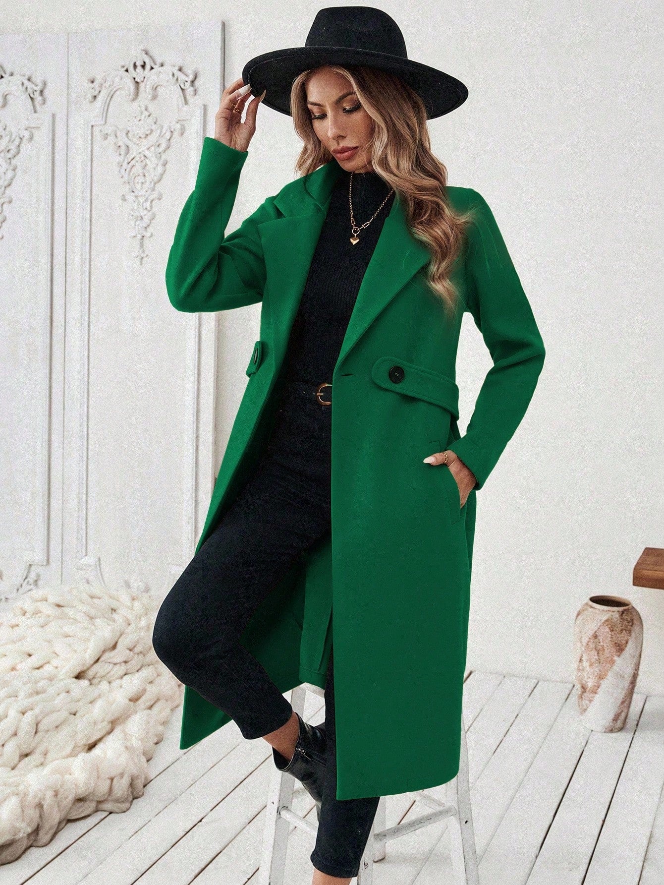 EMERY ROSE Women's Casual Commute Daily Simple Solid Color Lapel Collar Slant Pocket Double-Breasted Long Overcoat, Autumn/Winter Winter Coat Women