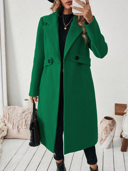 EMERY ROSE Women's Casual Commute Daily Simple Solid Color Lapel Collar Slant Pocket Double-Breasted Long Overcoat, Autumn/Winter Winter Coat Women