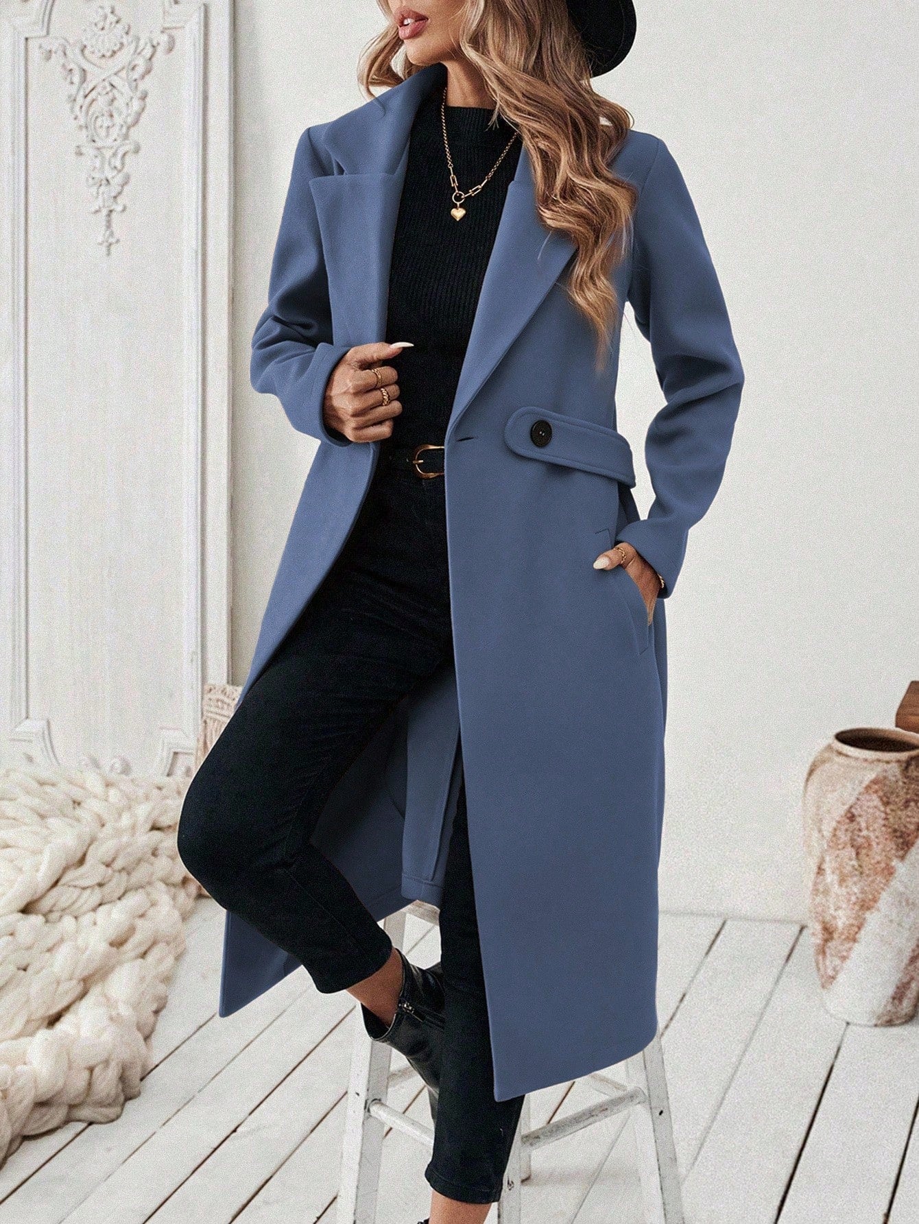 EMERY ROSE Women's Casual Commute Daily Simple Solid Color Lapel Collar Slant Pocket Double-Breasted Long Overcoat, Autumn/Winter Winter Coat Women