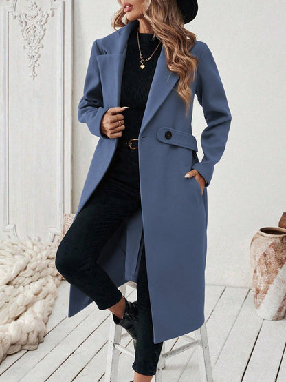 EMERY ROSE Women's Casual Commute Daily Simple Solid Color Lapel Collar Slant Pocket Double-Breasted Long Overcoat, Autumn/Winter Winter Coat Women