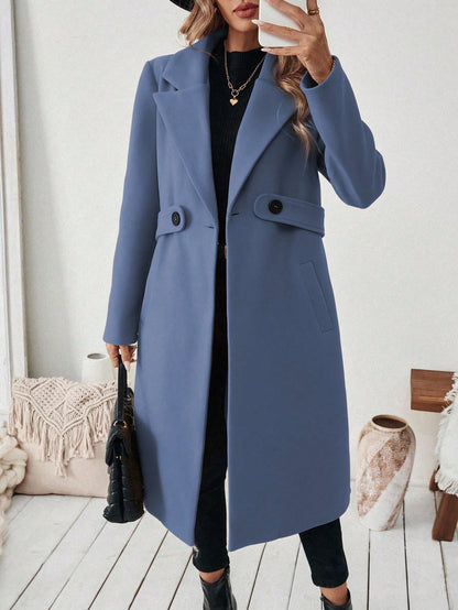 EMERY ROSE Women's Casual Commute Daily Simple Solid Color Lapel Collar Slant Pocket Double-Breasted Long Overcoat, Autumn/Winter Winter Coat Women