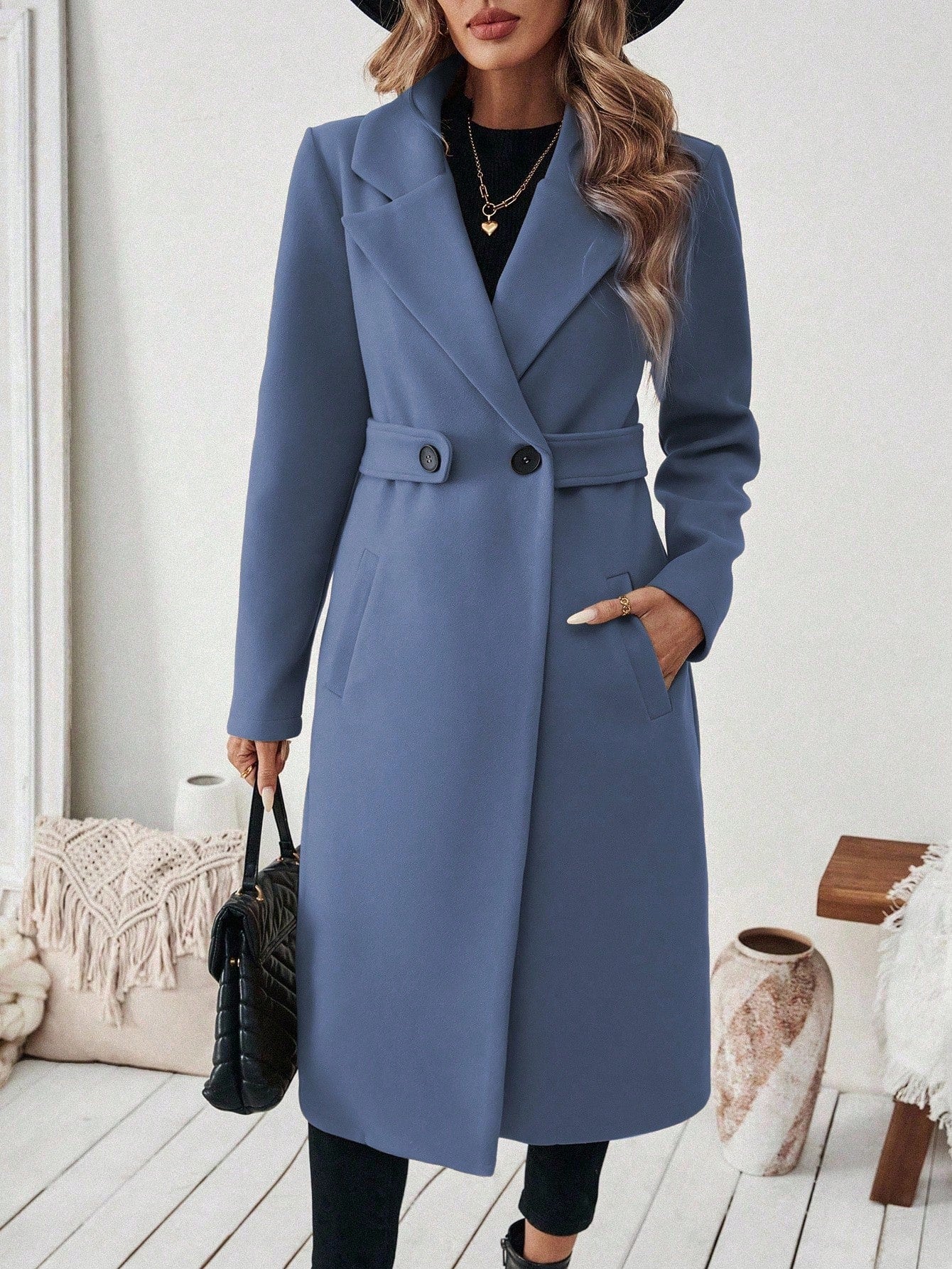 EMERY ROSE Women's Casual Commute Daily Simple Solid Color Lapel Collar Slant Pocket Double-Breasted Long Overcoat, Autumn/Winter Winter Coat Women