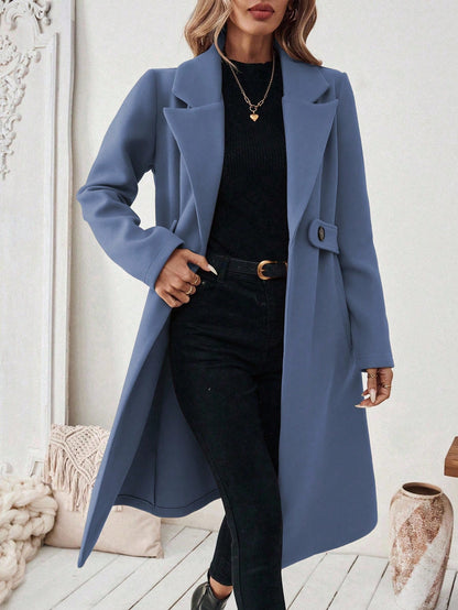 EMERY ROSE Women's Casual Commute Daily Simple Solid Color Lapel Collar Slant Pocket Double-Breasted Long Overcoat, Autumn/Winter Winter Coat Women