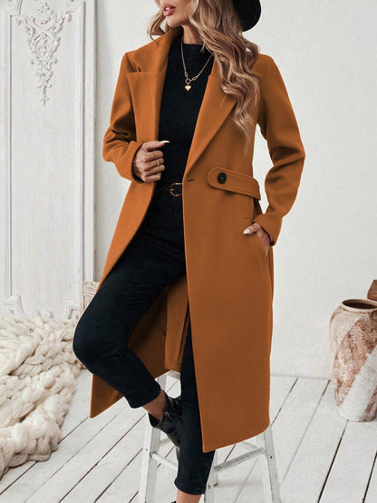 EMERY ROSE Women's Casual Commute Daily Simple Solid Color Lapel Collar Slant Pocket Double-Breasted Long Overcoat, Autumn/Winter Winter Coat Women