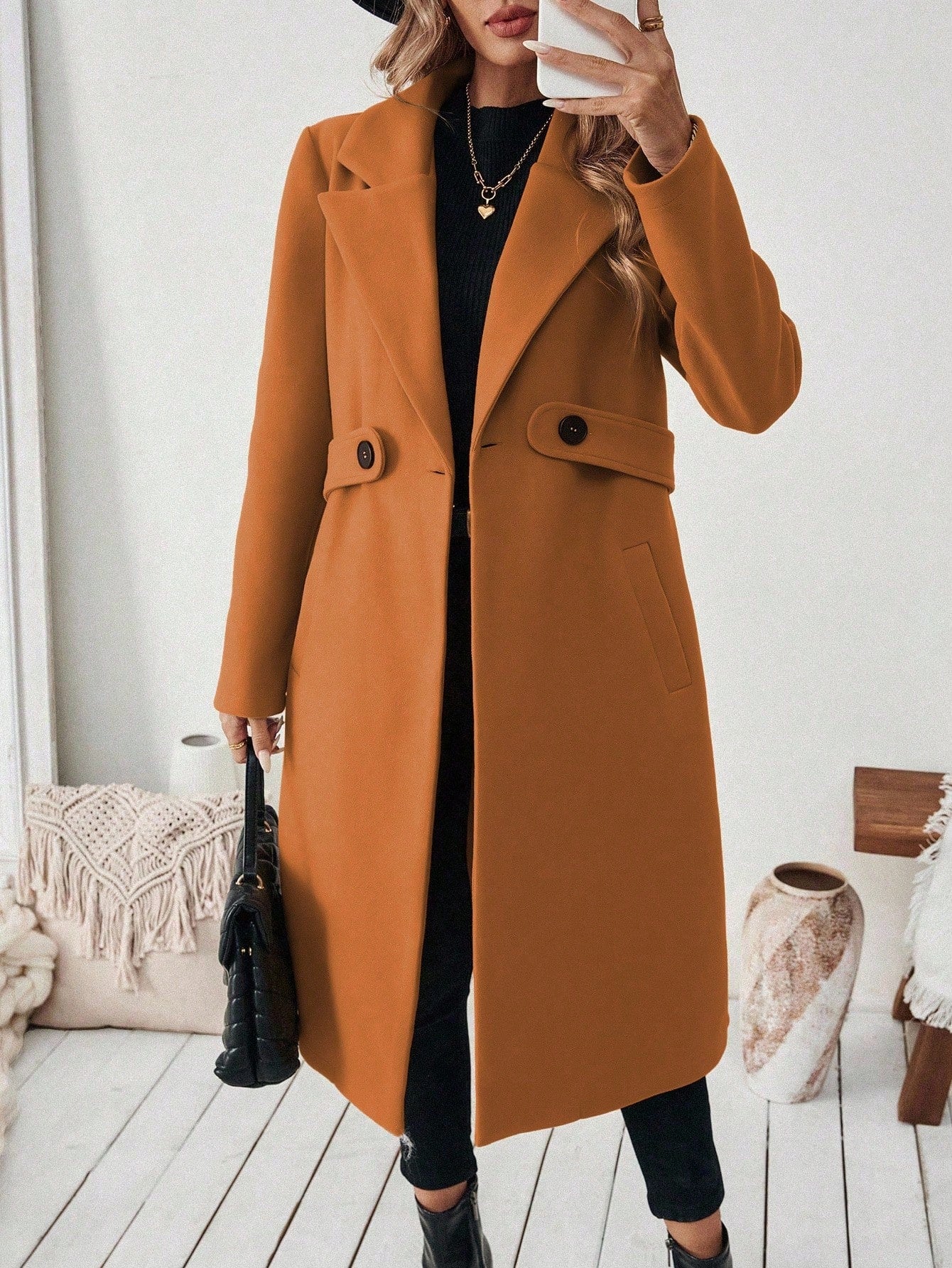 EMERY ROSE Women's Casual Commute Daily Simple Solid Color Lapel Collar Slant Pocket Double-Breasted Long Overcoat, Autumn/Winter Winter Coat Women