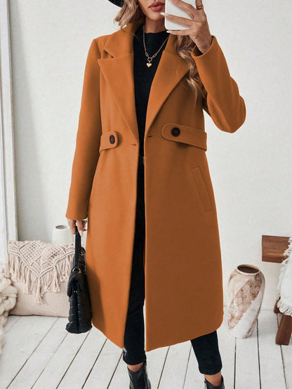 EMERY ROSE Women's Casual Commute Daily Simple Solid Color Lapel Collar Slant Pocket Double-Breasted Long Overcoat, Autumn/Winter Winter Coat Women