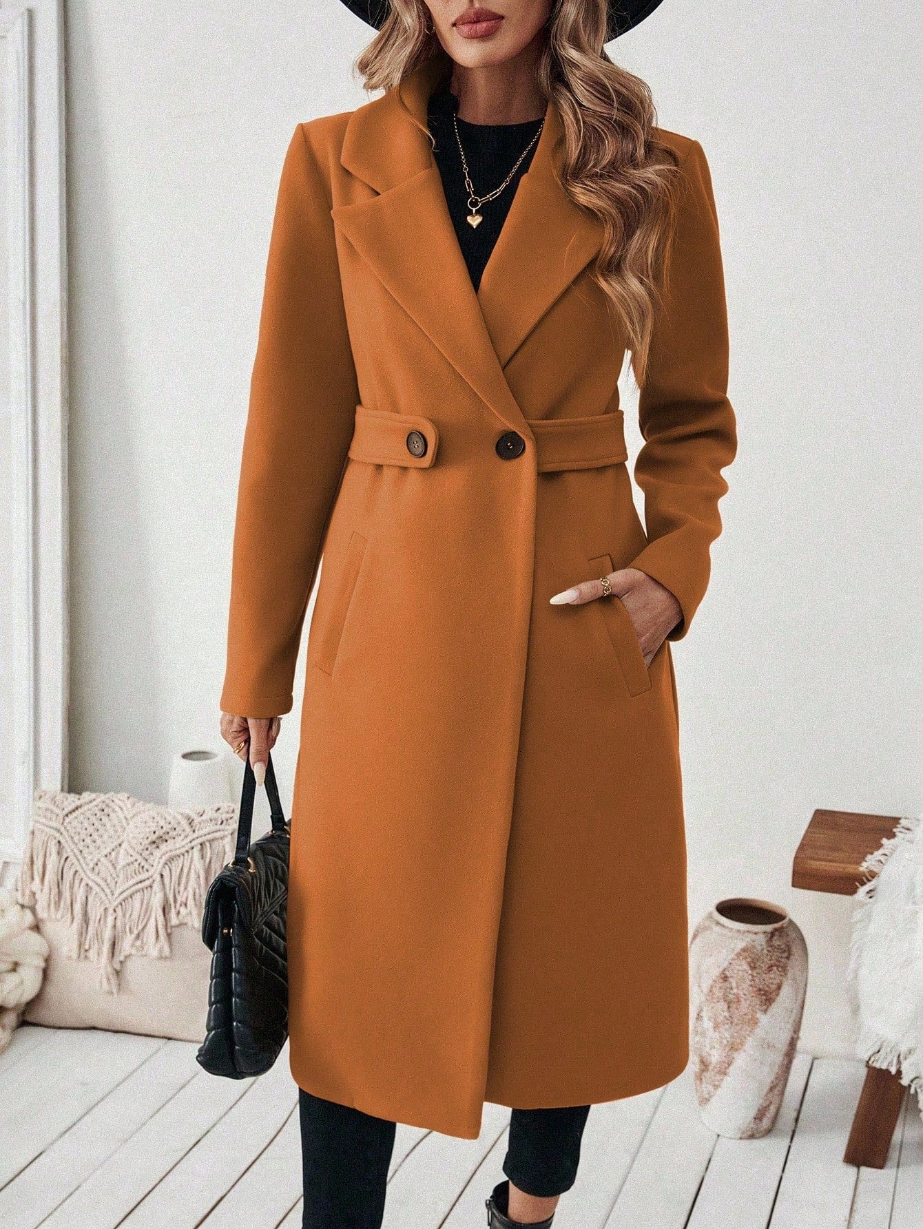 EMERY ROSE Women's Casual Commute Daily Simple Solid Color Lapel Collar Slant Pocket Double-Breasted Long Overcoat, Autumn/Winter Winter Coat Women