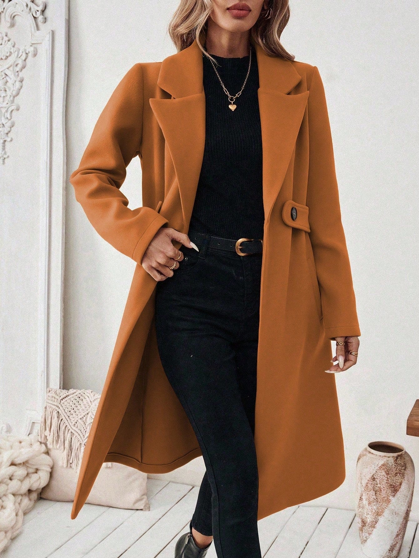 EMERY ROSE Women's Casual Commute Daily Simple Solid Color Lapel Collar Slant Pocket Double-Breasted Long Overcoat, Autumn/Winter Winter Coat Women