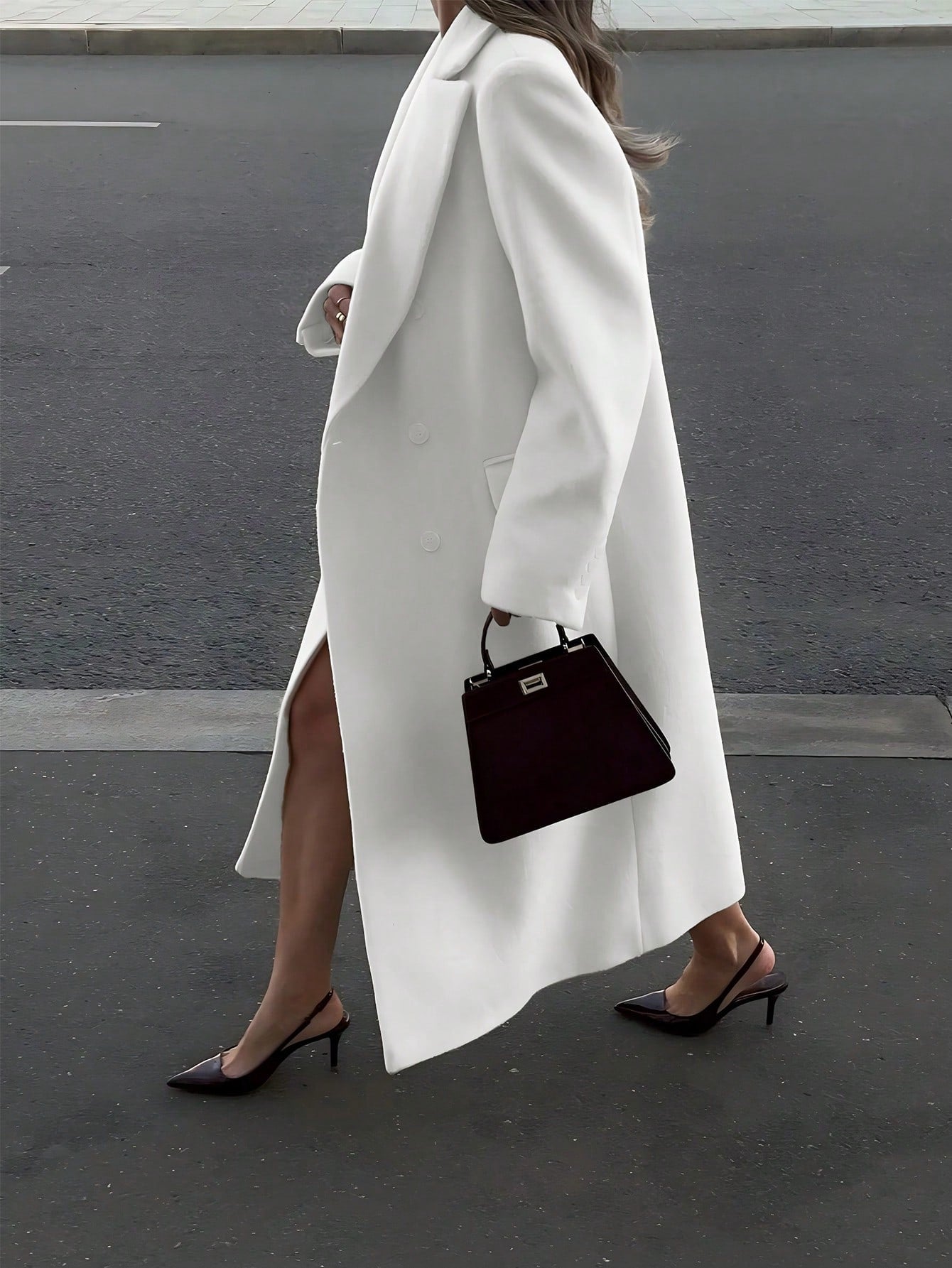 Elegant Minimalist High-End Vintage Commuting Elegant Long Coat, White Loose Overcoat, Black