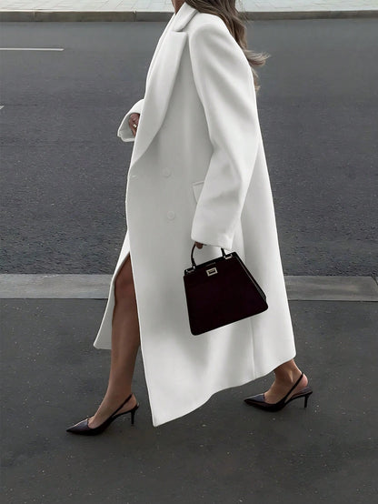 Elegant Minimalist High-End Vintage Commuting Elegant Long Coat, White Loose Overcoat, Black