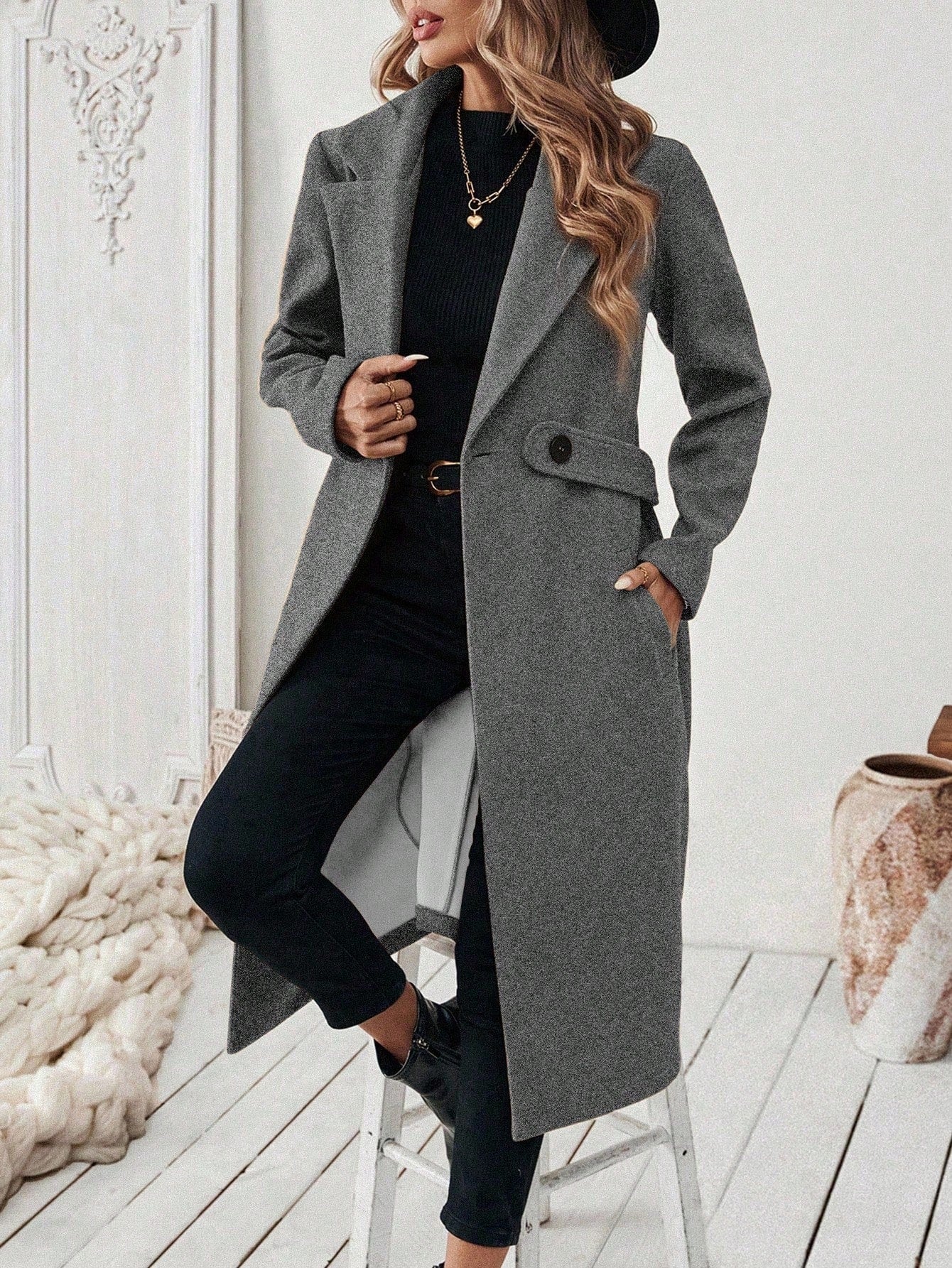 EMERY ROSE Women's Casual Commute Daily Simple Solid Color Lapel Collar Slant Pocket Double-Breasted Long Overcoat, Autumn/Winter Winter Coat Women