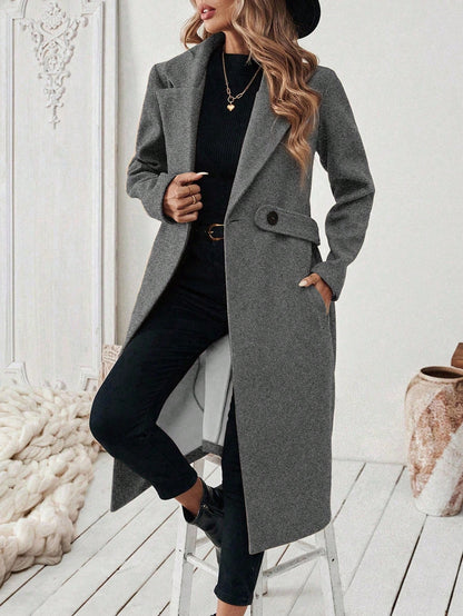 EMERY ROSE Women's Casual Commute Daily Simple Solid Color Lapel Collar Slant Pocket Double-Breasted Long Overcoat, Autumn/Winter Winter Coat Women