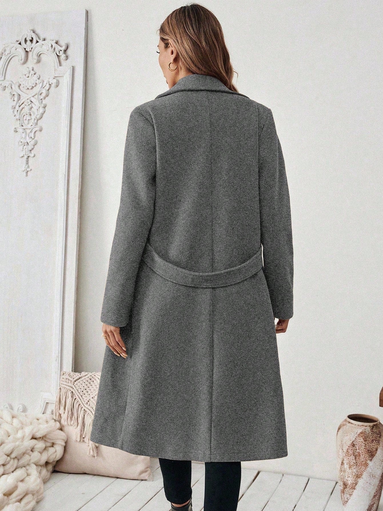 EMERY ROSE Women's Casual Commute Daily Simple Solid Color Lapel Collar Slant Pocket Double-Breasted Long Overcoat, Autumn/Winter Winter Coat Women