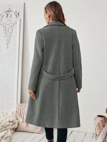 EMERY ROSE Women's Casual Commute Daily Simple Solid Color Lapel Collar Slant Pocket Double-Breasted Long Overcoat, Autumn/Winter Winter Coat Women
