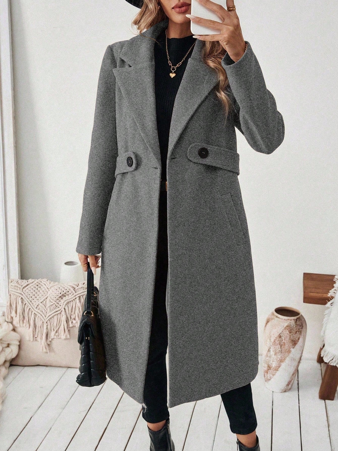 EMERY ROSE Women's Casual Commute Daily Simple Solid Color Lapel Collar Slant Pocket Double-Breasted Long Overcoat, Autumn/Winter Winter Coat Women
