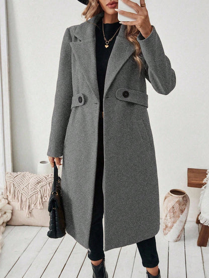 EMERY ROSE Women's Casual Commute Daily Simple Solid Color Lapel Collar Slant Pocket Double-Breasted Long Overcoat, Autumn/Winter Winter Coat Women