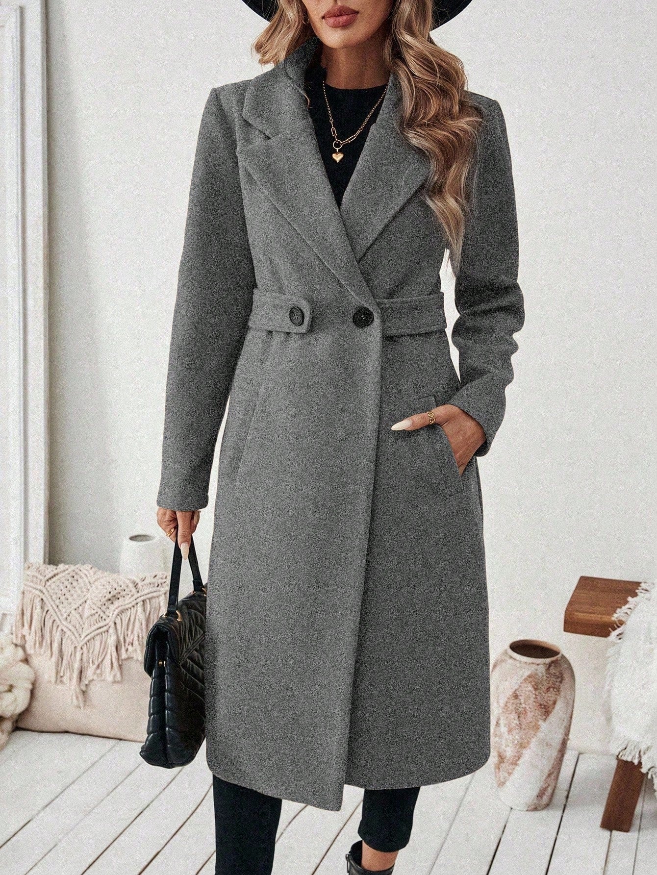EMERY ROSE Women's Casual Commute Daily Simple Solid Color Lapel Collar Slant Pocket Double-Breasted Long Overcoat, Autumn/Winter Winter Coat Women