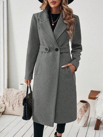 EMERY ROSE Women's Casual Commute Daily Simple Solid Color Lapel Collar Slant Pocket Double-Breasted Long Overcoat, Autumn/Winter Winter Coat Women