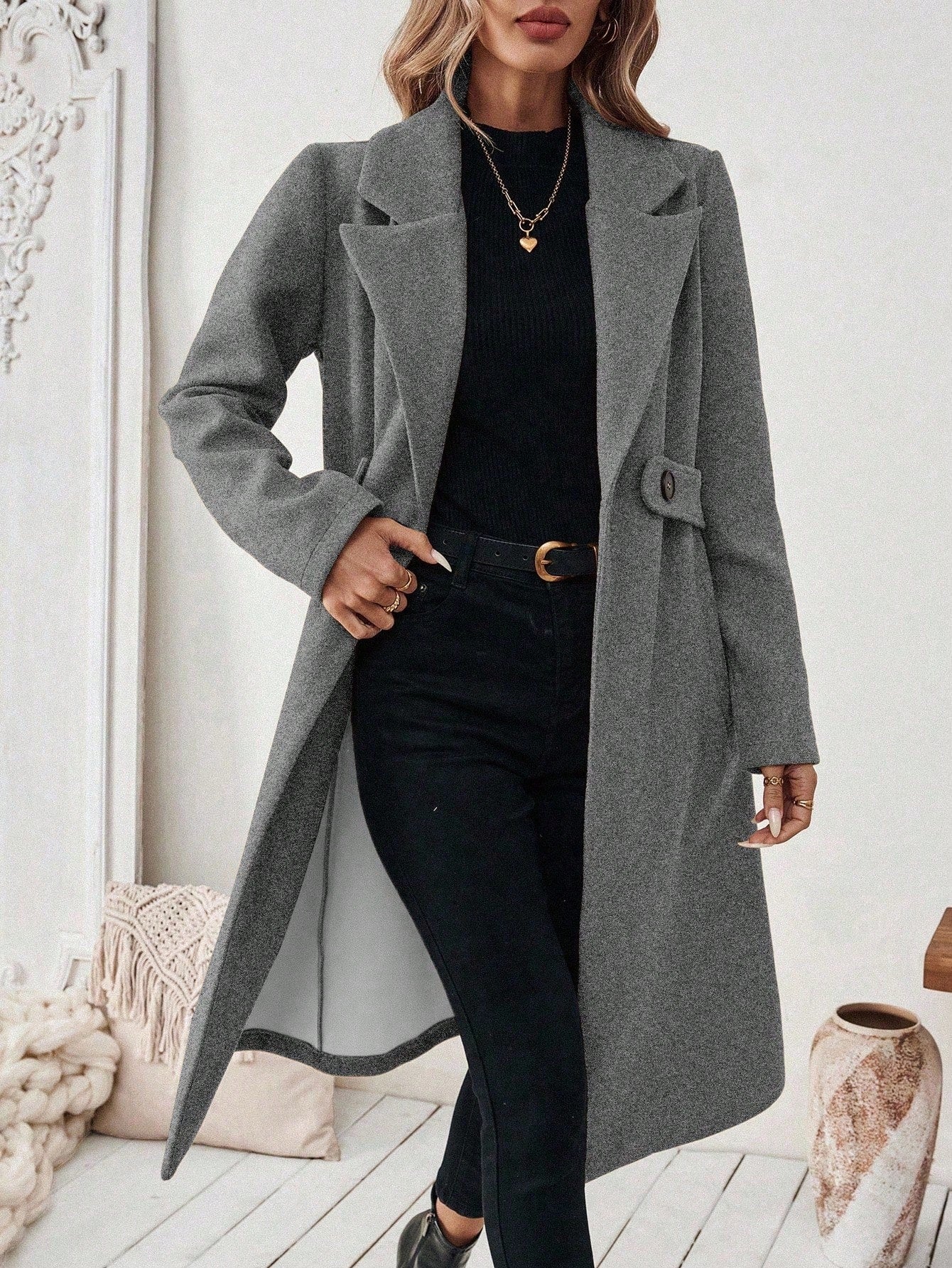 EMERY ROSE Women's Casual Commute Daily Simple Solid Color Lapel Collar Slant Pocket Double-Breasted Long Overcoat, Autumn/Winter Winter Coat Women