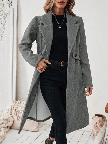 EMERY ROSE Women's Casual Commute Daily Simple Solid Color Lapel Collar Slant Pocket Double-Breasted Long Overcoat, Autumn/Winter Winter Coat Women