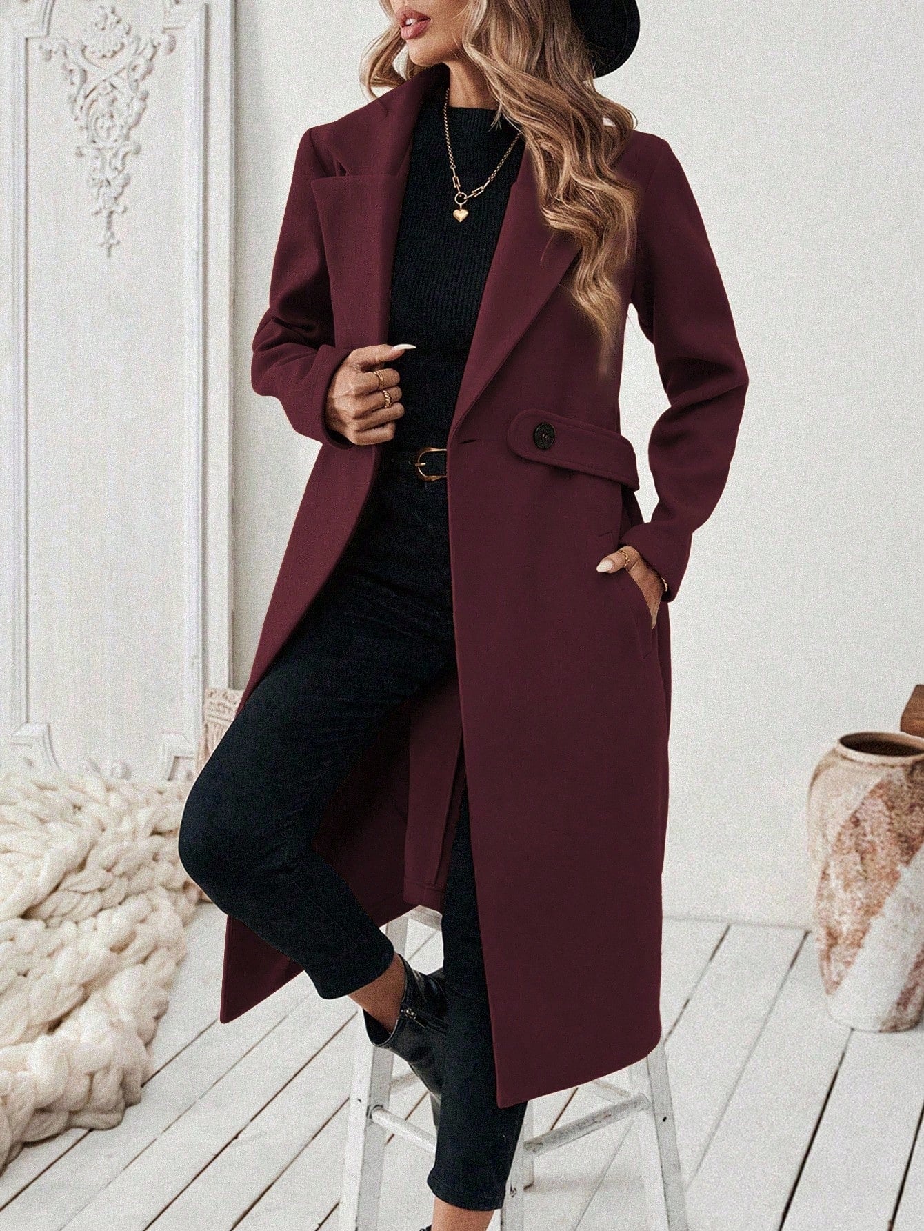 EMERY ROSE Women's Casual Commute Daily Simple Solid Color Lapel Collar Slant Pocket Double-Breasted Long Overcoat, Autumn/Winter Winter Coat Women