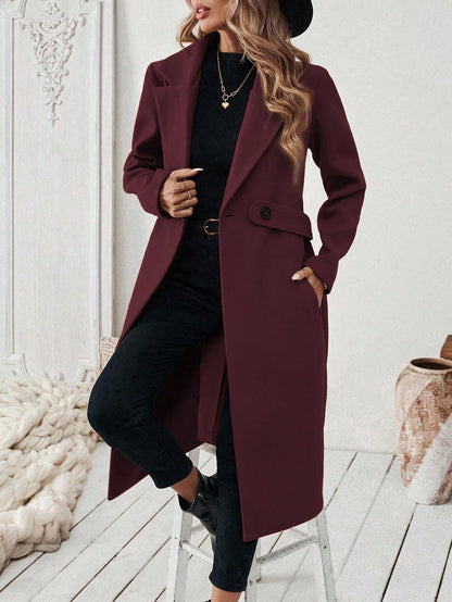 EMERY ROSE Women's Casual Commute Daily Simple Solid Color Lapel Collar Slant Pocket Double-Breasted Long Overcoat, Autumn/Winter Winter Coat Women