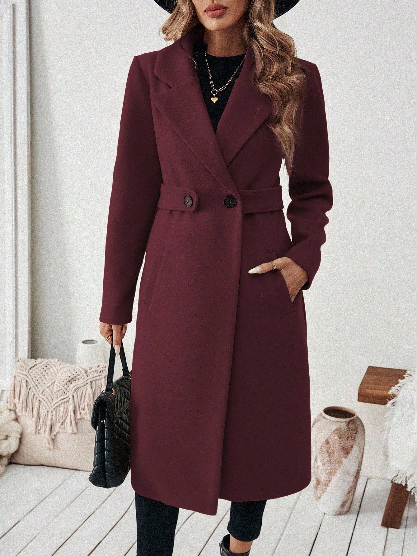 EMERY ROSE Women's Casual Commute Daily Simple Solid Color Lapel Collar Slant Pocket Double-Breasted Long Overcoat, Autumn/Winter Winter Coat Women
