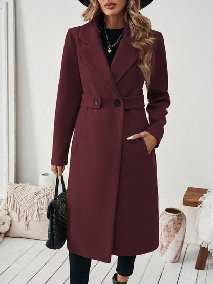 EMERY ROSE Women's Casual Commute Daily Simple Solid Color Lapel Collar Slant Pocket Double-Breasted Long Overcoat, Autumn/Winter Winter Coat Women