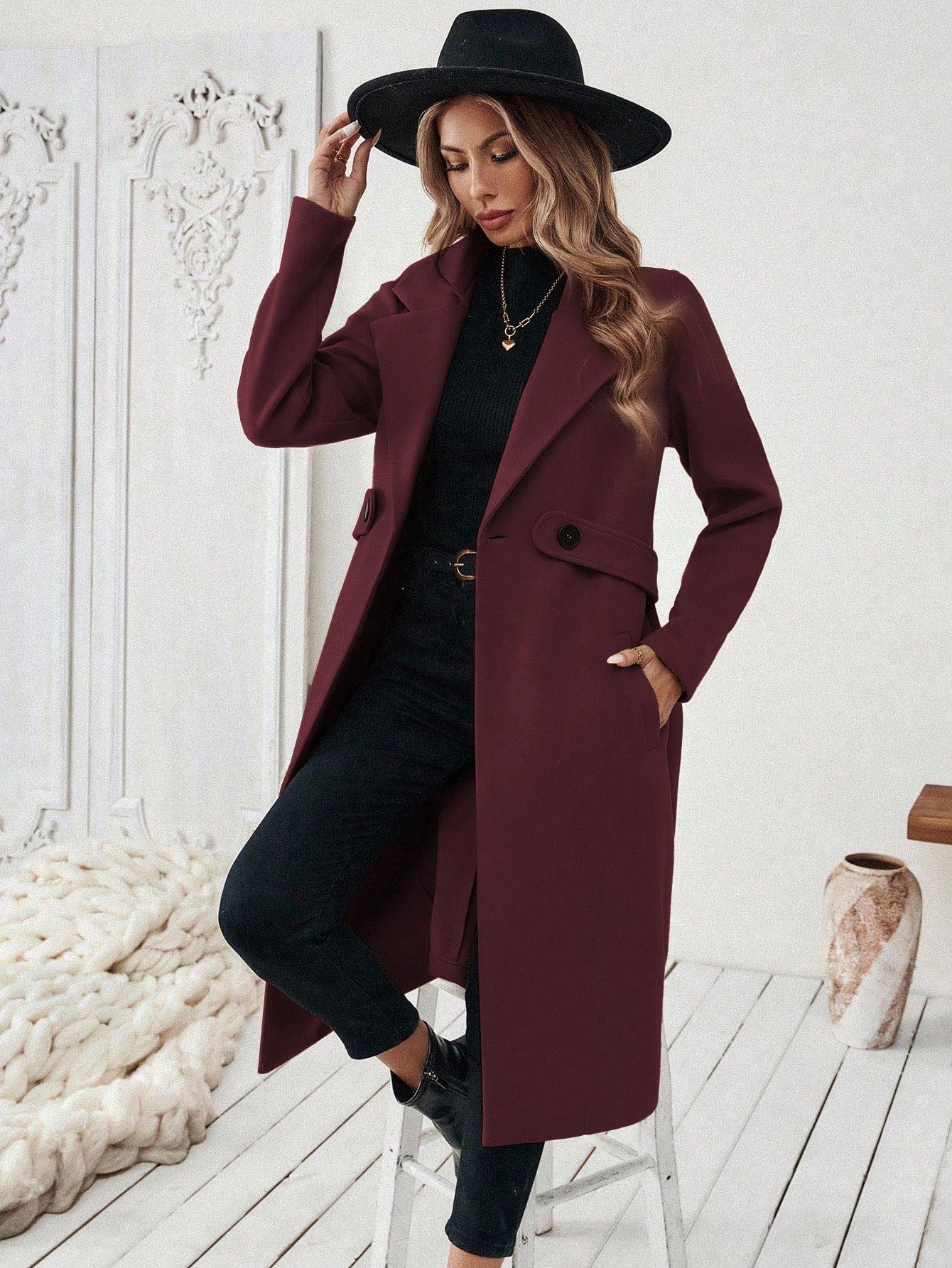EMERY ROSE Women's Casual Commute Daily Simple Solid Color Lapel Collar Slant Pocket Double-Breasted Long Overcoat, Autumn/Winter Winter Coat Women