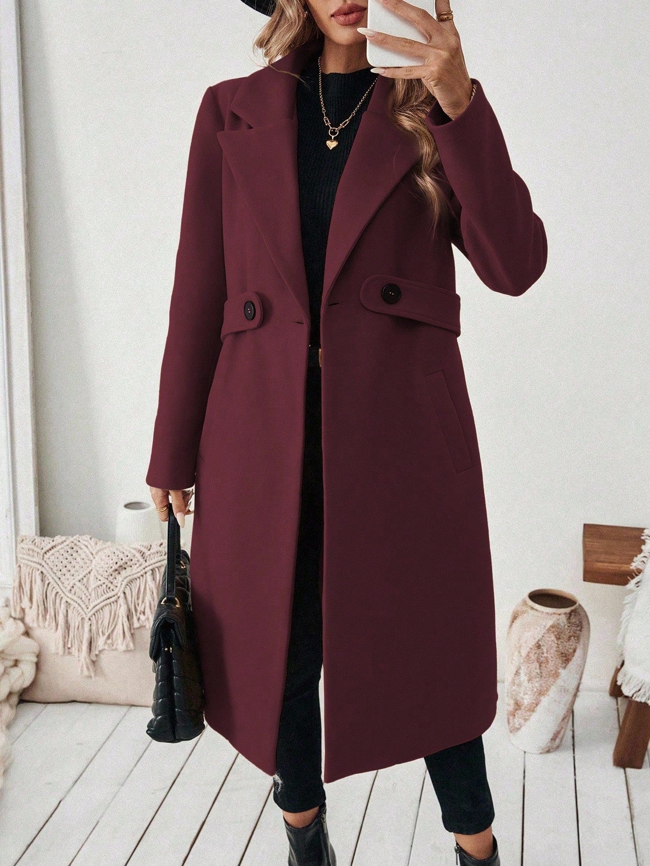 EMERY ROSE Women's Casual Commute Daily Simple Solid Color Lapel Collar Slant Pocket Double-Breasted Long Overcoat, Autumn/Winter Winter Coat Women