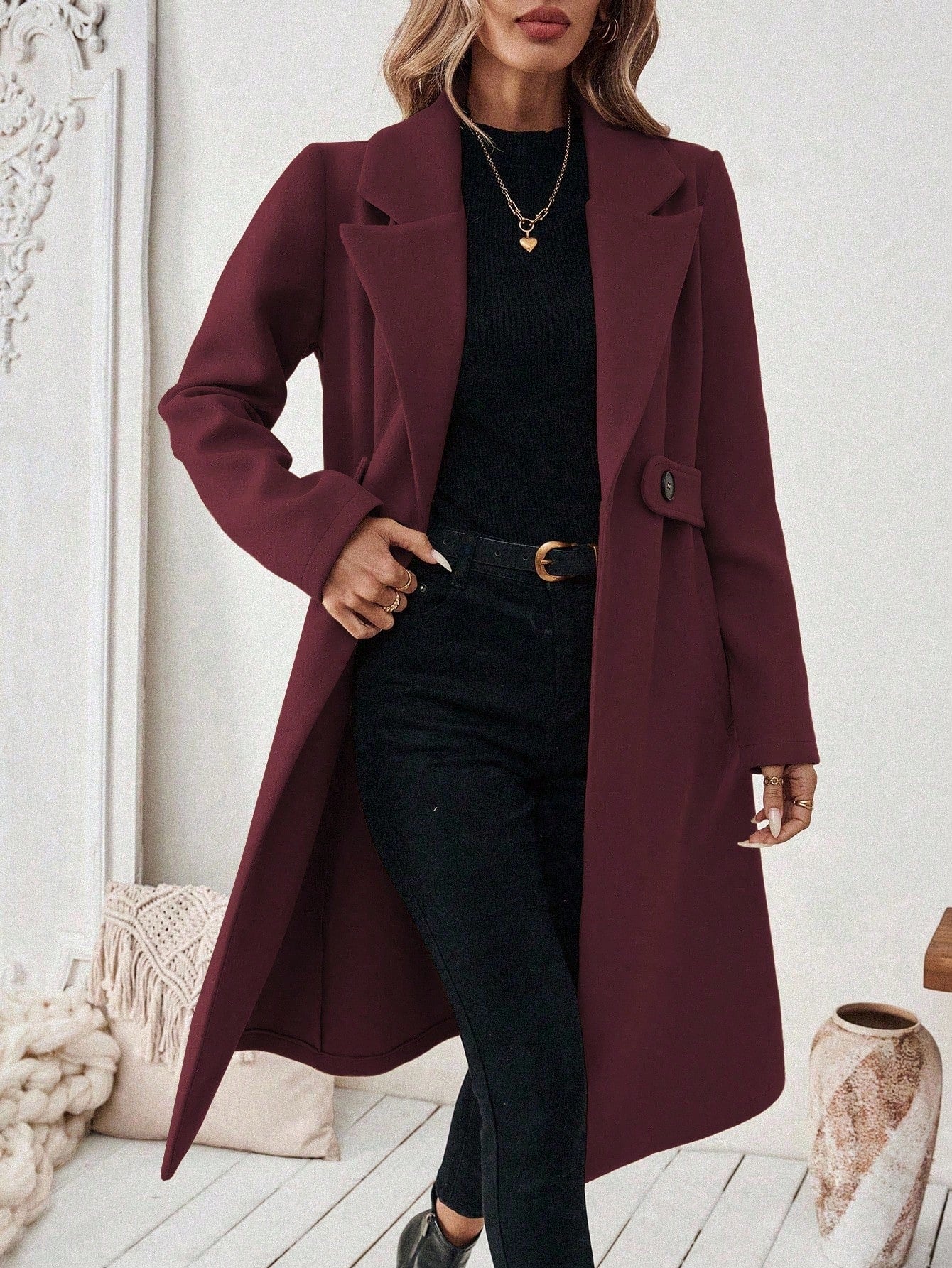 EMERY ROSE Women's Casual Commute Daily Simple Solid Color Lapel Collar Slant Pocket Double-Breasted Long Overcoat, Autumn/Winter Winter Coat Women