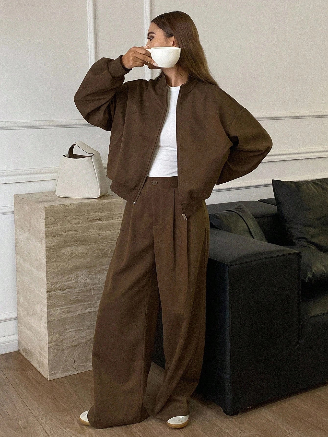 Livesso 2pcs Women's Casual Suit Set: Straight Leg Wool Blend Jacket Coat And Relaxed Fit Pants, Business Casual Commuter Style, Brown, Autumn/Winter