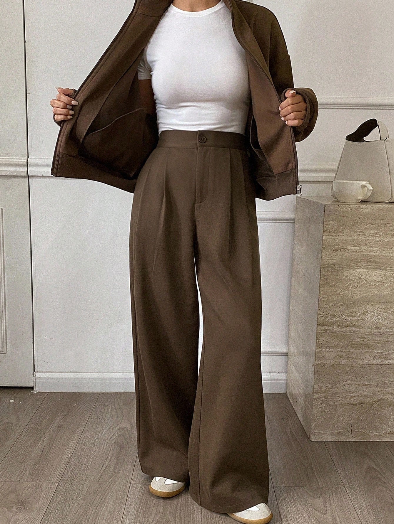 Livesso 2pcs Women's Casual Suit Set: Straight Leg Wool Blend Jacket Coat And Relaxed Fit Pants, Business Casual Commuter Style, Brown, Autumn/Winter