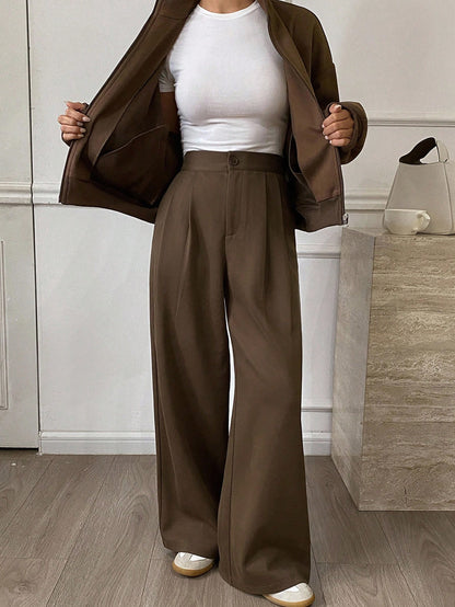 Livesso 2pcs Women's Casual Suit Set: Straight Leg Wool Blend Jacket Coat And Relaxed Fit Pants, Business Casual Commuter Style, Brown, Autumn/Winter