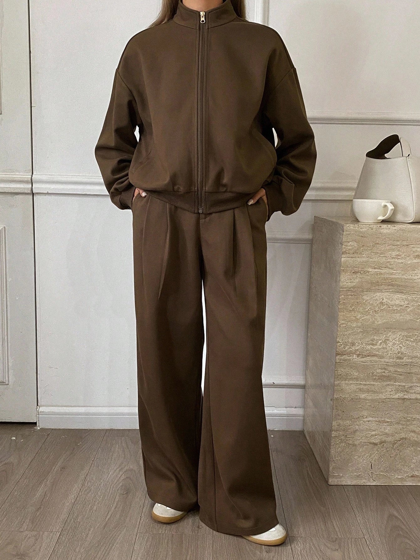 Livesso 2pcs Women's Casual Suit Set: Straight Leg Wool Blend Jacket Coat And Relaxed Fit Pants, Business Casual Commuter Style, Brown, Autumn/Winter