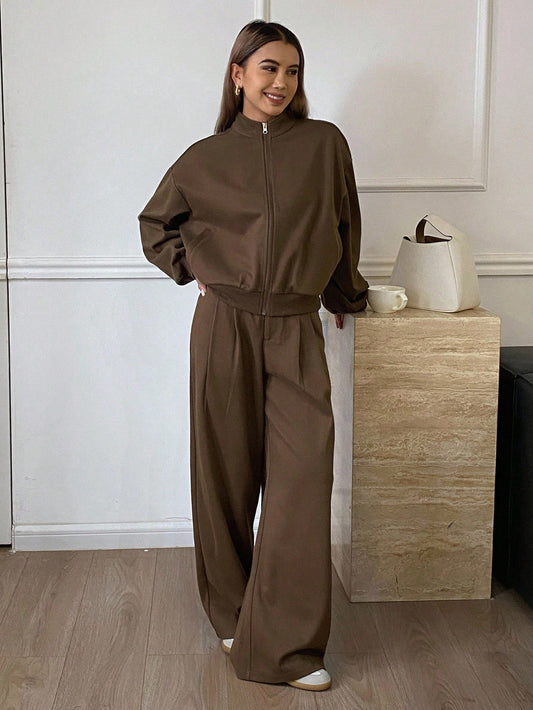 Livesso 2pcs Women's Casual Suit Set: Straight Leg Wool Blend Jacket Coat And Relaxed Fit Pants, Business Casual Commuter Style, Brown, Autumn/Winter