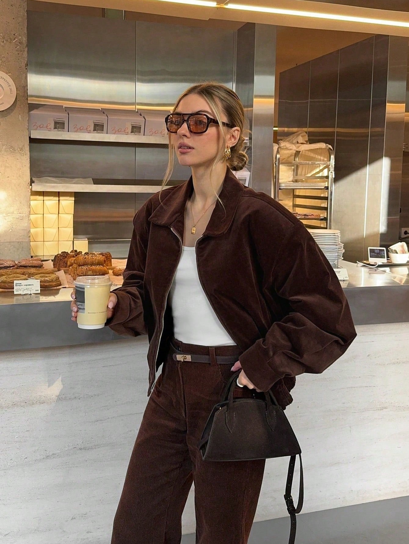 Christmas Women Corduroy 2 Pieces Set - Vintage Casual Brown Lapel Long Sleeve Jacket Coat - Elastic Waist Corduroy Pants, Autumn/Winter