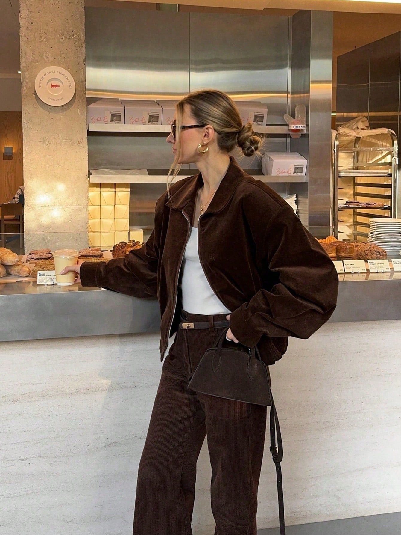 Christmas Women Corduroy 2 Pieces Set - Vintage Casual Brown Lapel Long Sleeve Jacket Coat - Elastic Waist Corduroy Pants, Autumn/Winter