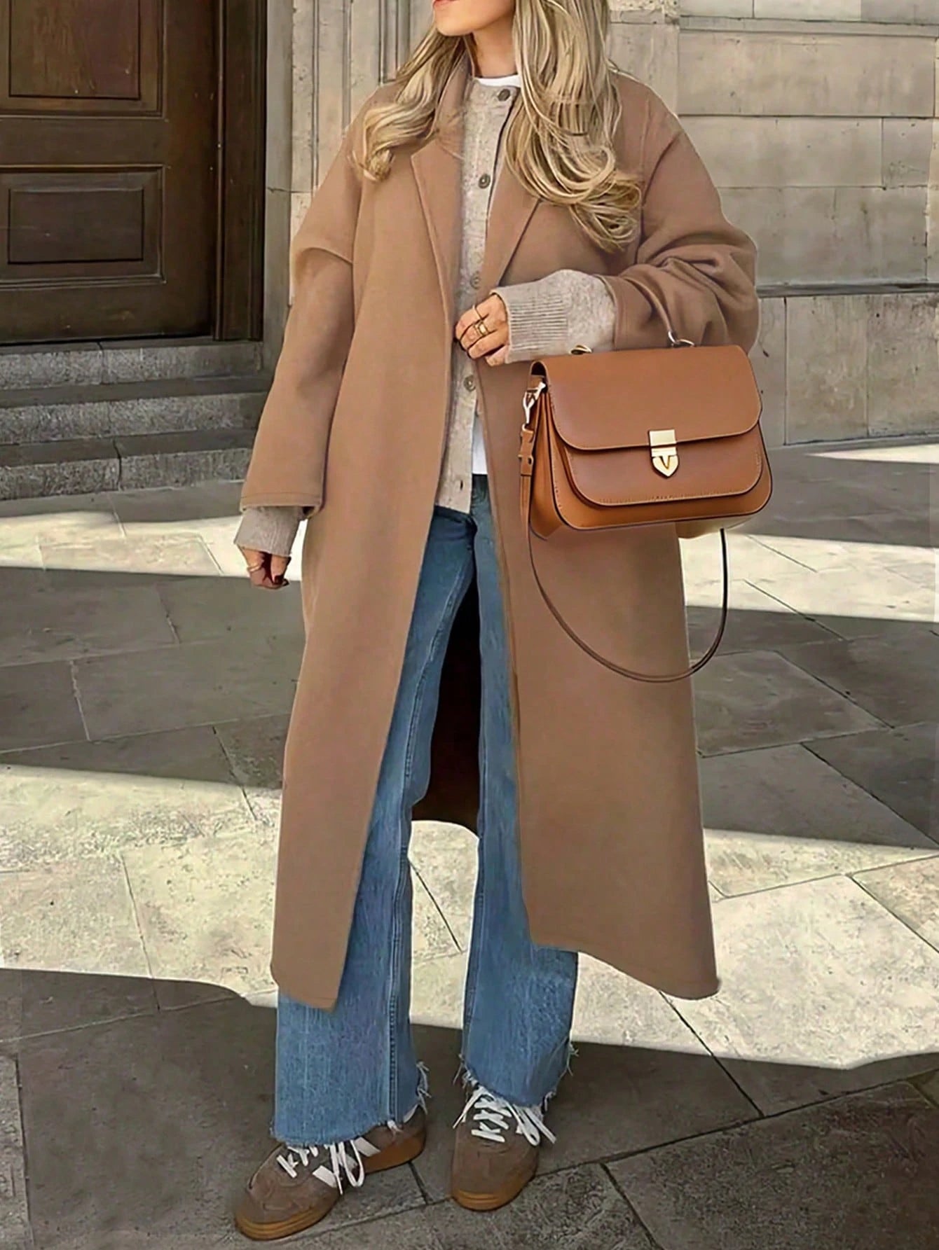 Women's Autumn And Winter Camel Color Temperament Versatile Classic Simple Casual Daily Lapel Long Version With Belt Woolen Coat Jacket