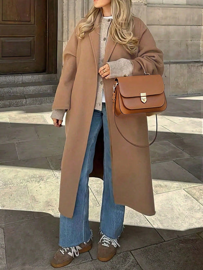 Women's Autumn And Winter Camel Color Temperament Versatile Classic Simple Casual Daily Lapel Long Version With Belt Woolen Coat Jacket
