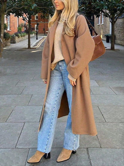 Women's Autumn And Winter Camel Color Temperament Versatile Classic Simple Casual Daily Lapel Long Version With Belt Woolen Coat Jacket