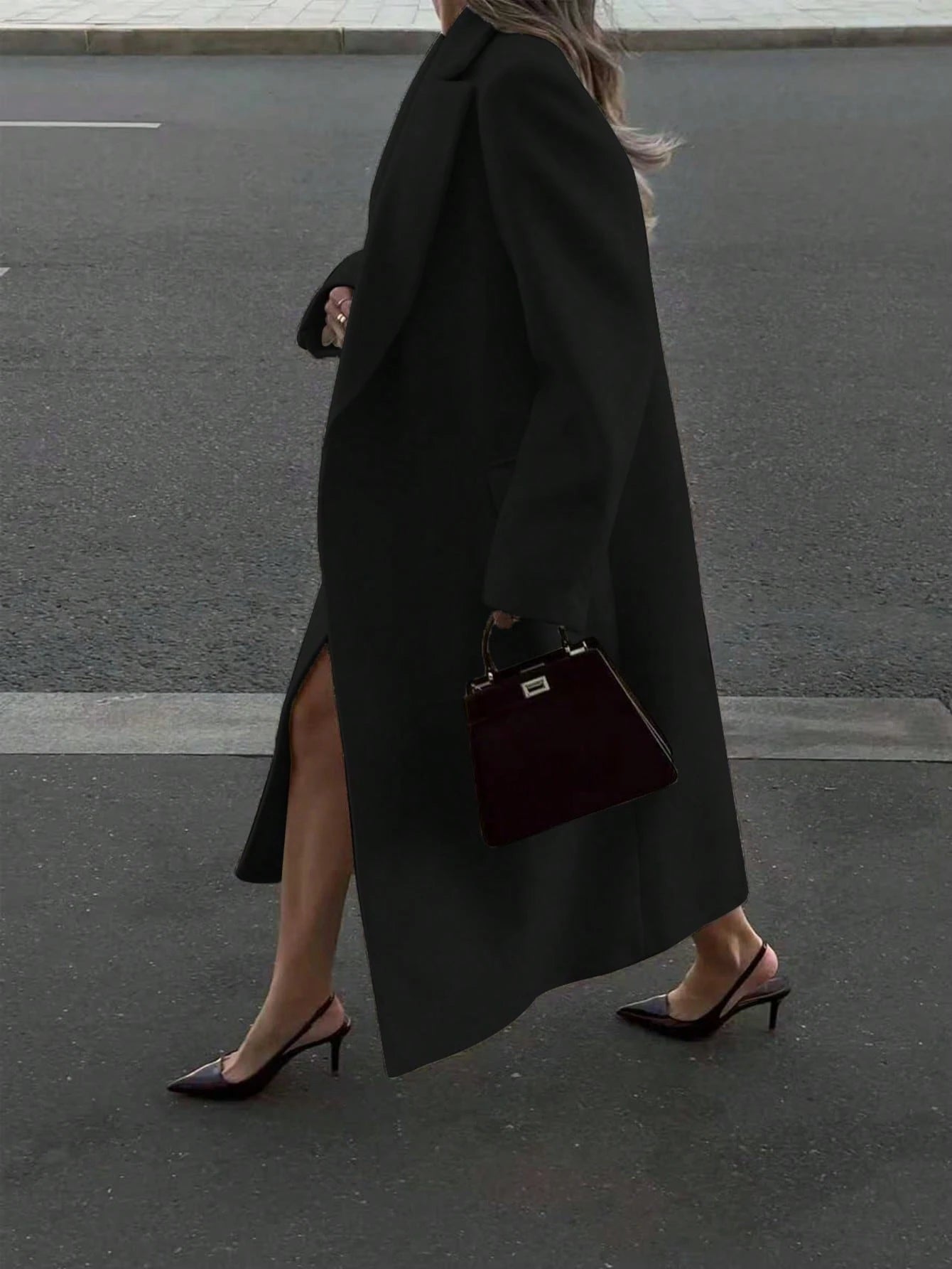 Elegant Minimalist High-End Vintage Commuting Elegant Long Coat, White Loose Overcoat, Black