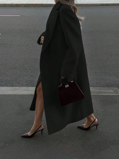 Elegant Minimalist High-End Vintage Commuting Elegant Long Coat, White Loose Overcoat, Black