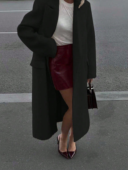 Elegant Minimalist High-End Vintage Commuting Elegant Long Coat, White Loose Overcoat, Black