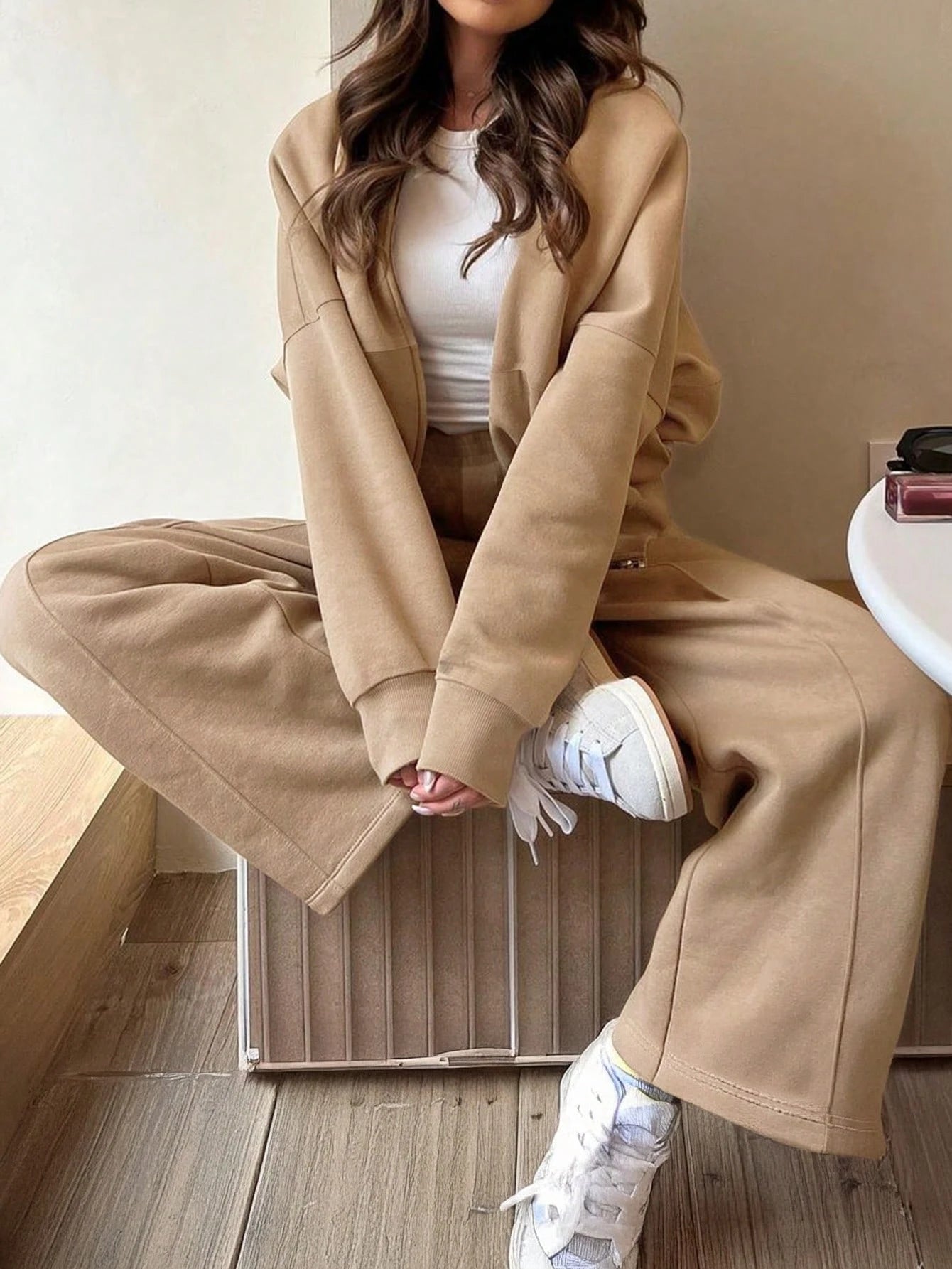 GAOVOT Women's Sweatshirt Two Pieces Fall/Winter Casual Casual Commuting Street Stand Collar Cardigan Coat And Loose Wide Leg Straight Pant Suit